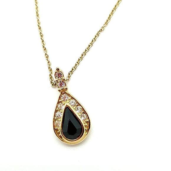 VTG ROMAN Black Rhinestone Teardrop Surrounded by Crystals Pendant Necklace Sign - Picture 15 of 16